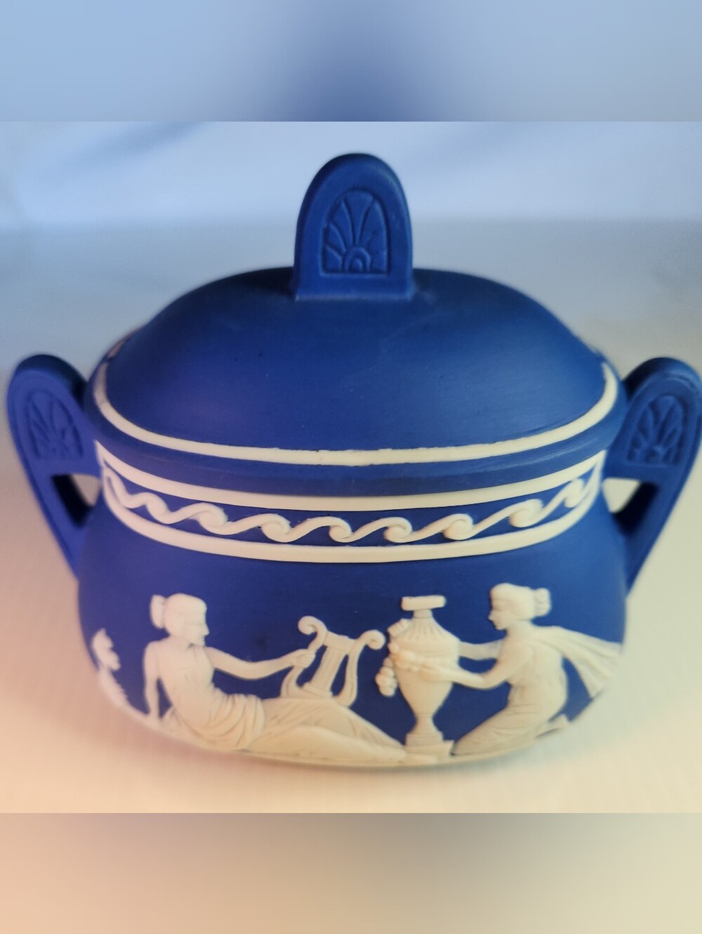 Wedgwood Blue and White Jasperware Covered Urn with Classical Relief